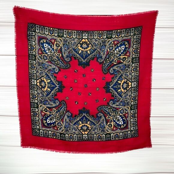 Jennifer Moore Vintage Wool Square Scarf Red Blue Paisley made in Japan - Picture 1 of 7